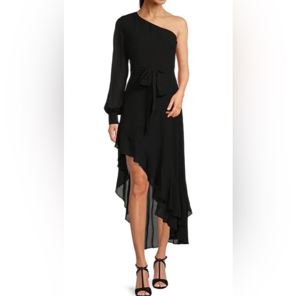 New Belle by Badgley Mischka Black Asymmetrical Ruffled Hem Dress Size 0 $199